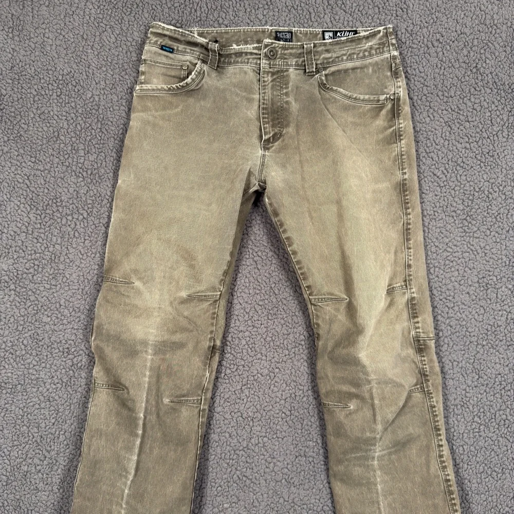 Kuhl Rydr Pants 34x30 Reinforced Ankle Vintage Patina Dye Olive Green Flat Front